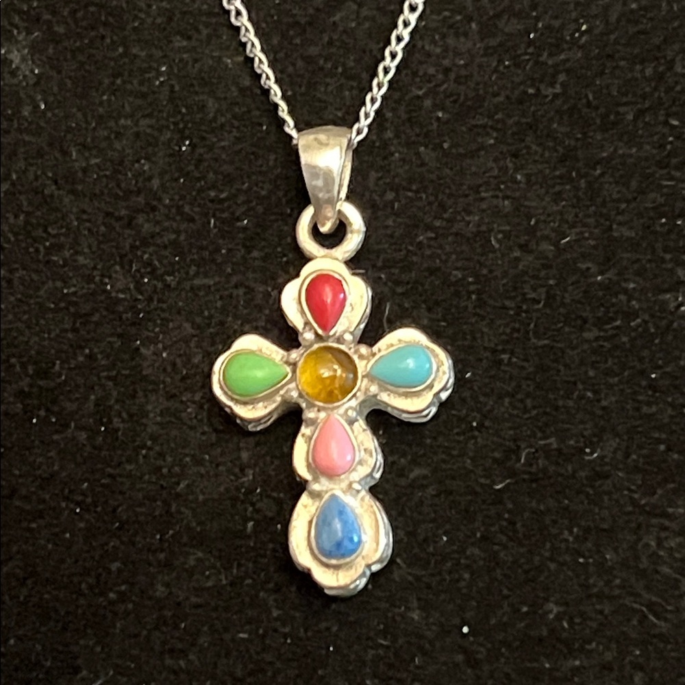 925 STEELING SILVER MULTI GEMSTONES CROSS NECKLACE